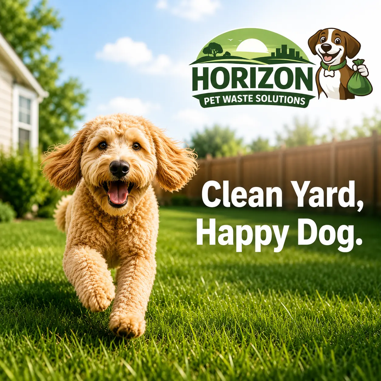 A happy dog on a freshly cleaned lawn — Horizon Pet Waste Solutions
